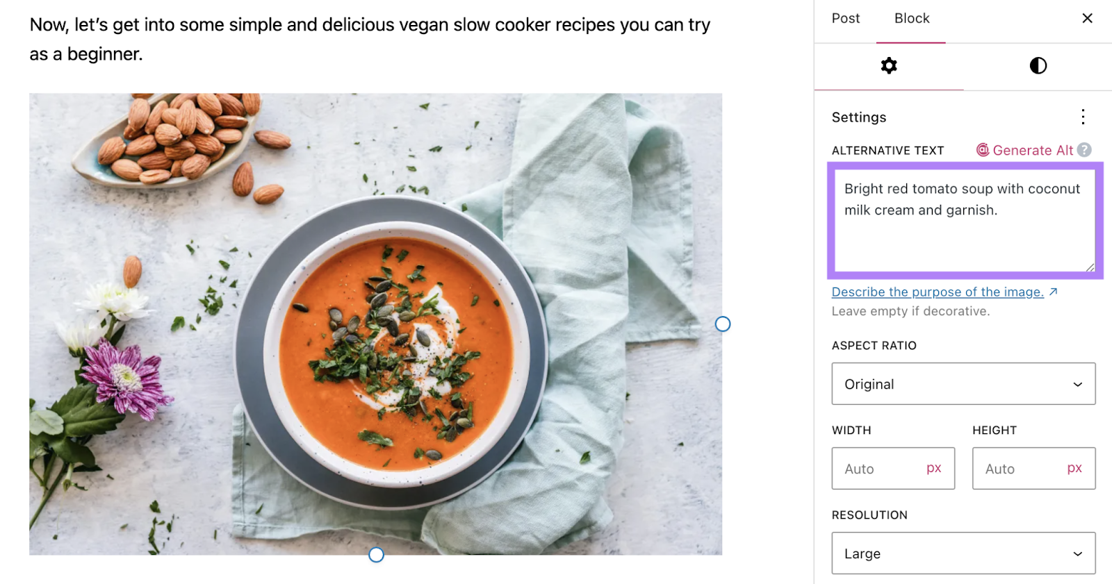 In the right sidebar, There is a setting for alternative text.