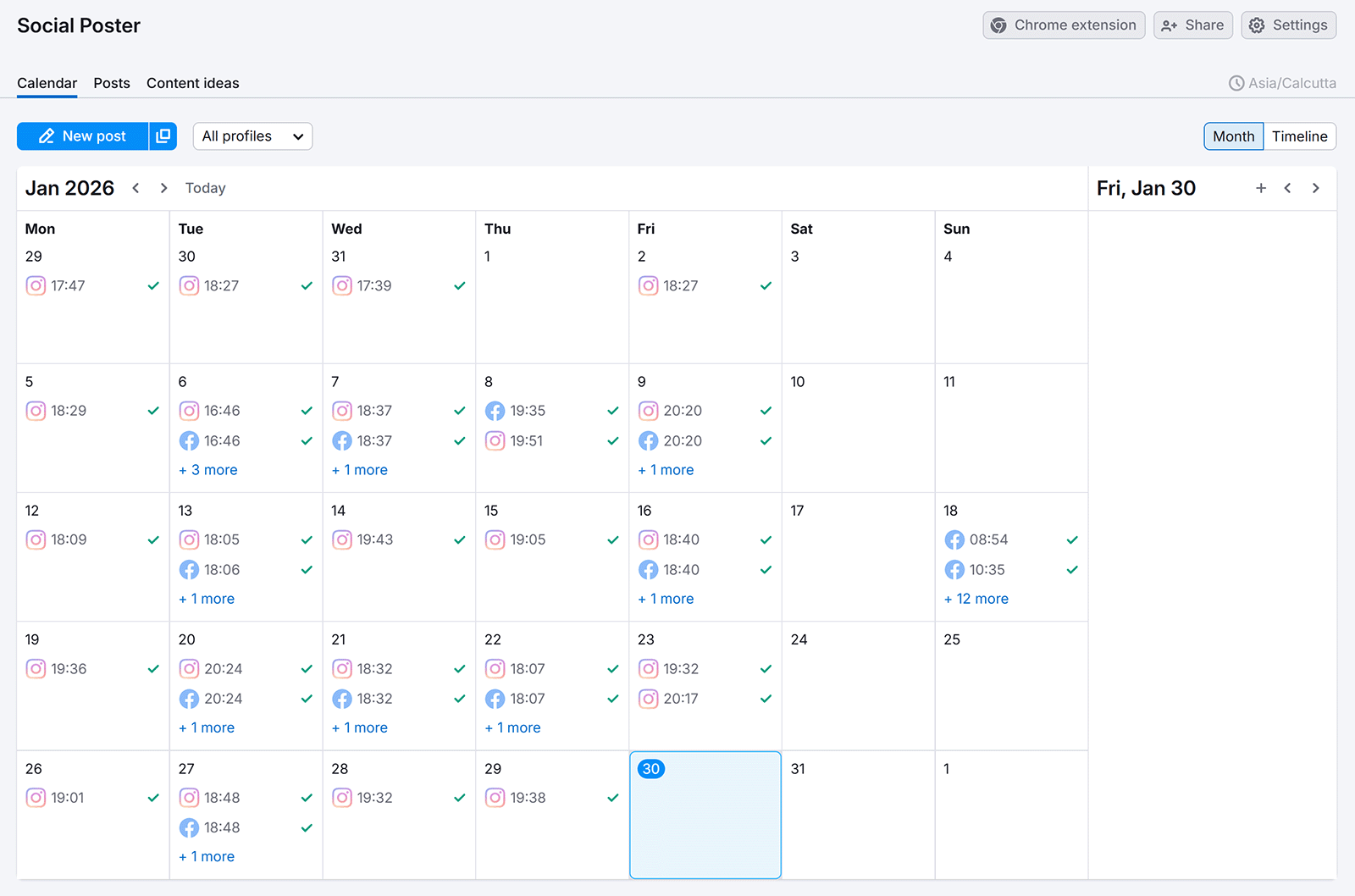 Social Poster social media calendar showing scheduled Instagram and Facebook posts with dates, times, and status icons.