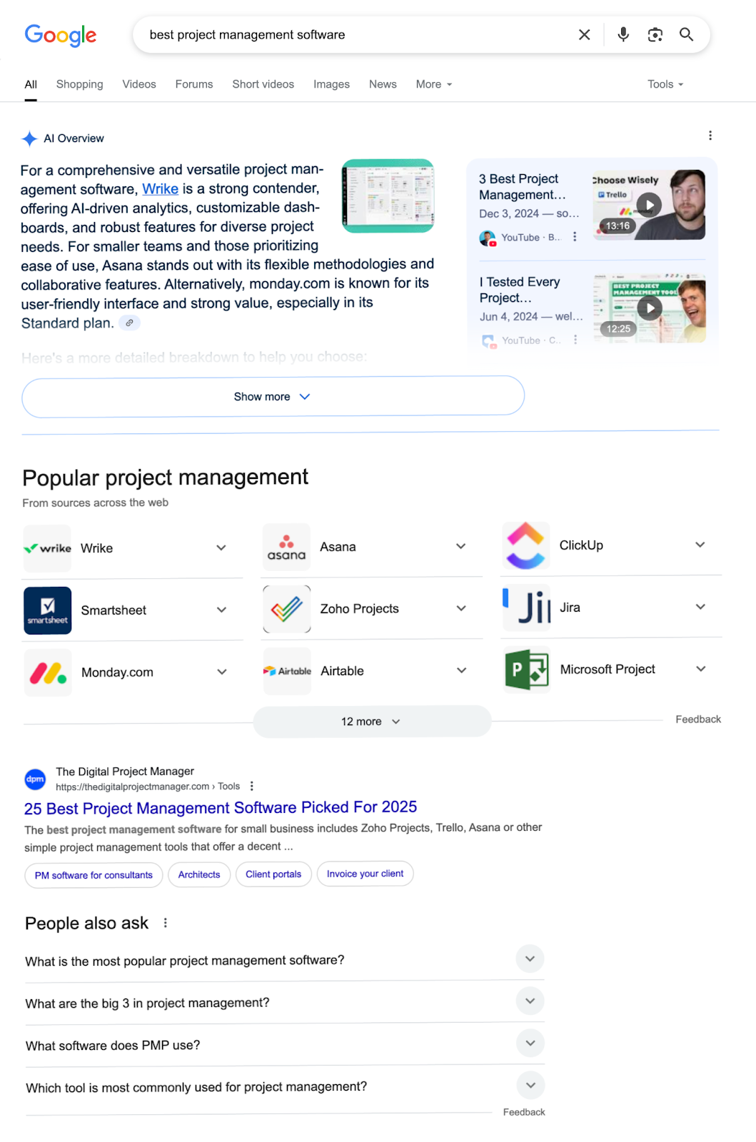 The SERP is dominated by features like AI Overview, popular products, and People Also Ask.