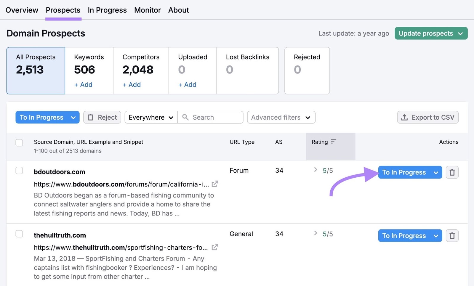 "Prospects" tab on the Link Building Tool with “To In Progress” next to a URL clicked.