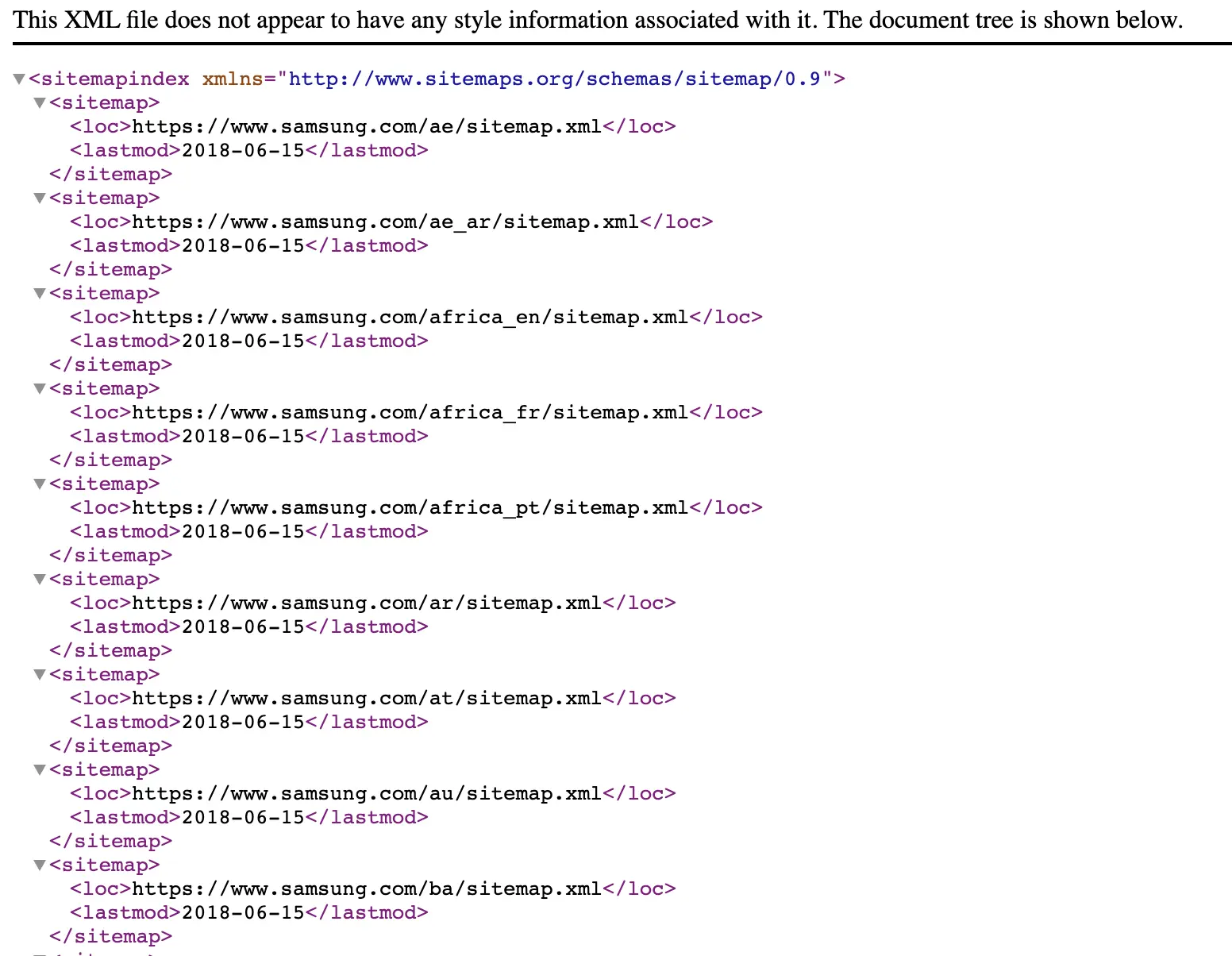 Samsung sitemap using an index file to link to different region-specific sitemaps.