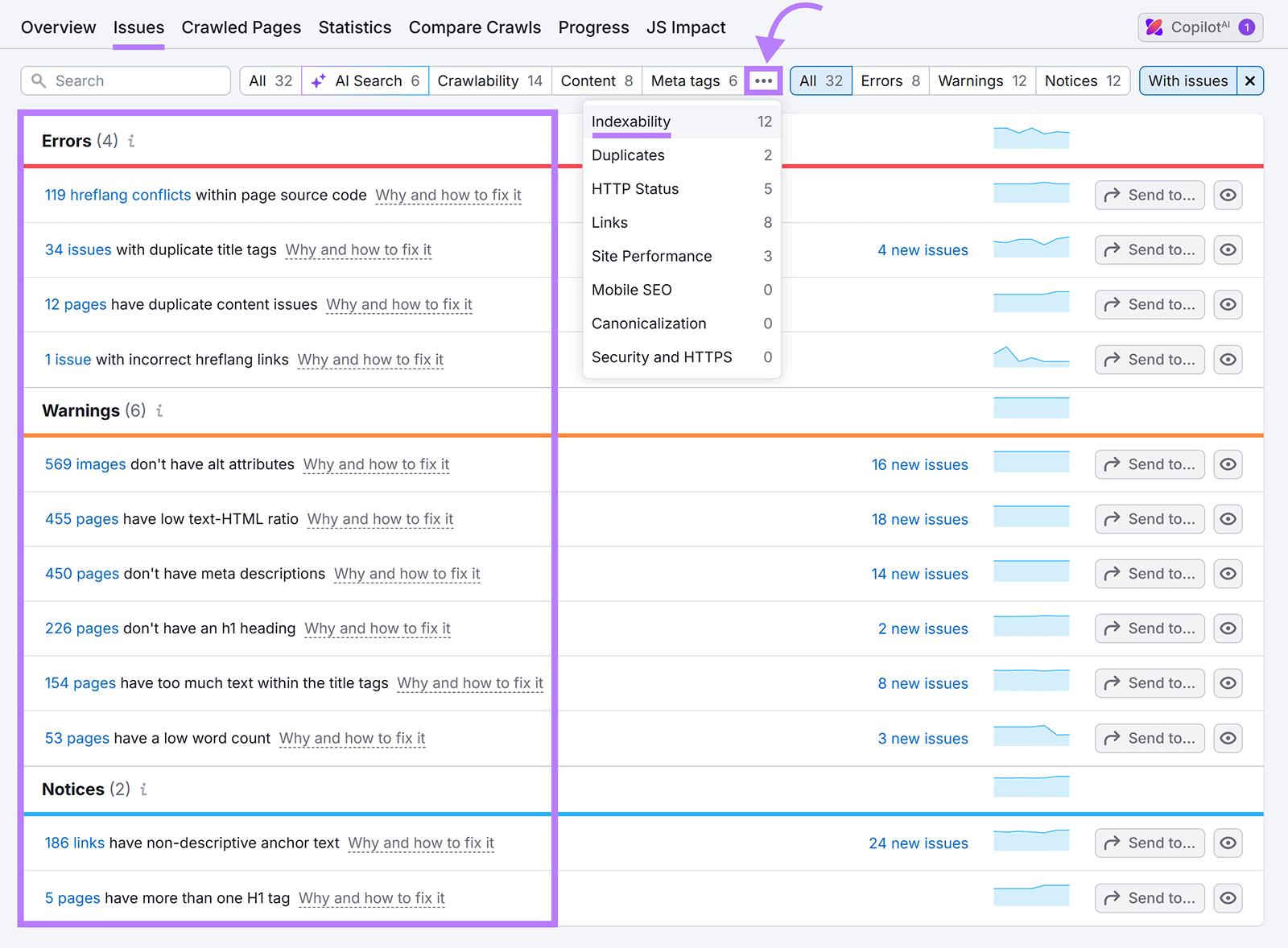 Semrush Site Audit Issues report filtered by indexability, listing duplicate titles, hreflang conflicts, and content issues.