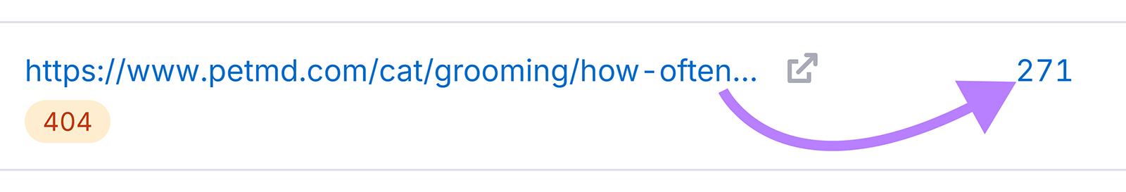 Broken URL row with a 404 tag and an arrow pointing to the backlink count.