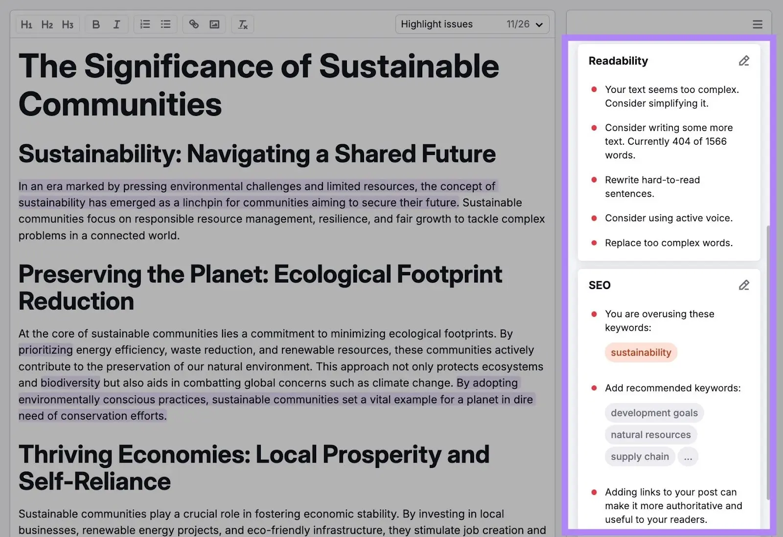 Semrush SEO Writing Assistant editor showing readability and SEO suggestions in a sidebar next to drafted content.