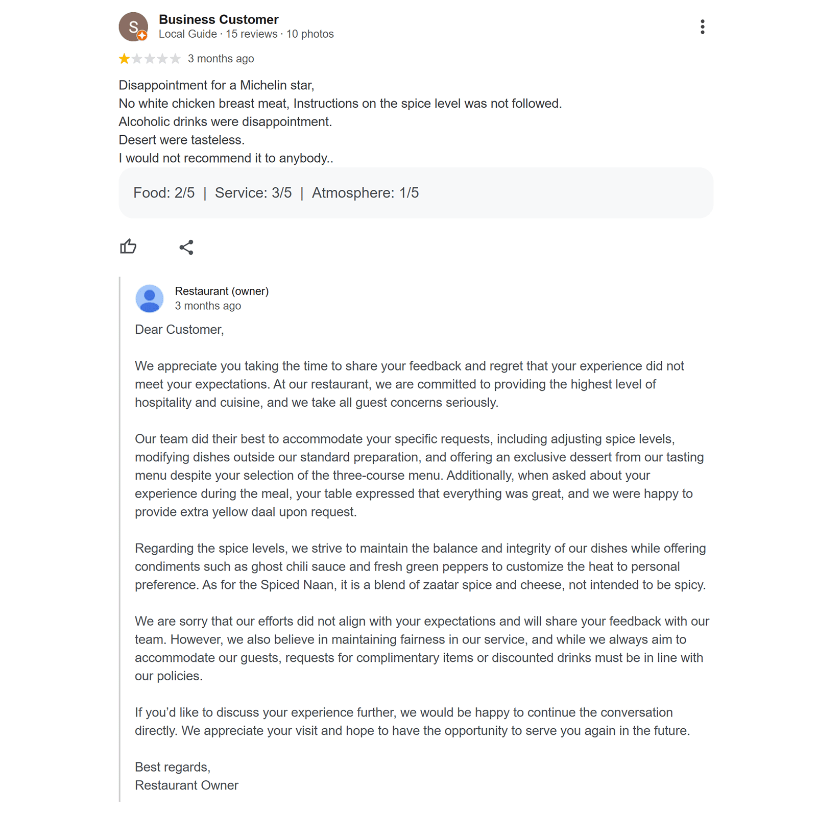 One-star restaurant review with owner’s detailed public response explaining guest experience and menu policies