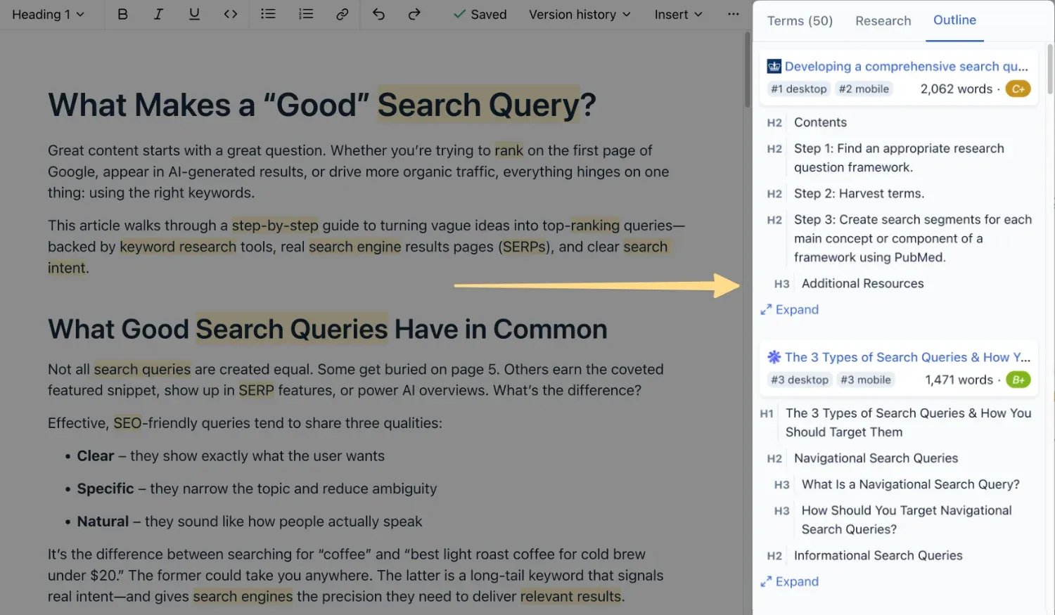 Document editor with competing content outline panel showing headings and structure.