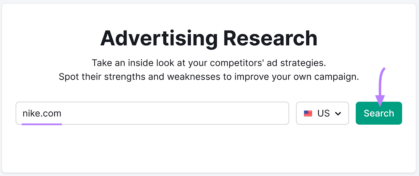 "nike.com" entered into the Advertising Research tool search bar