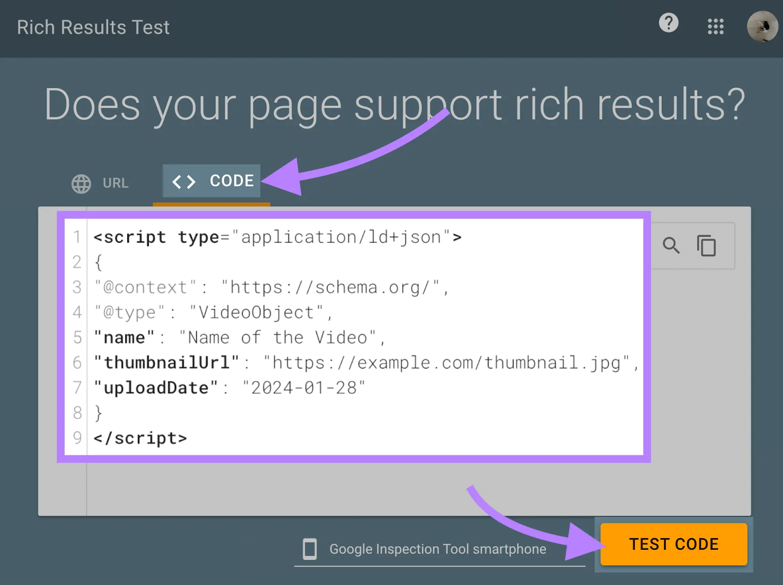 Rich Results Test showing a code snippet.
