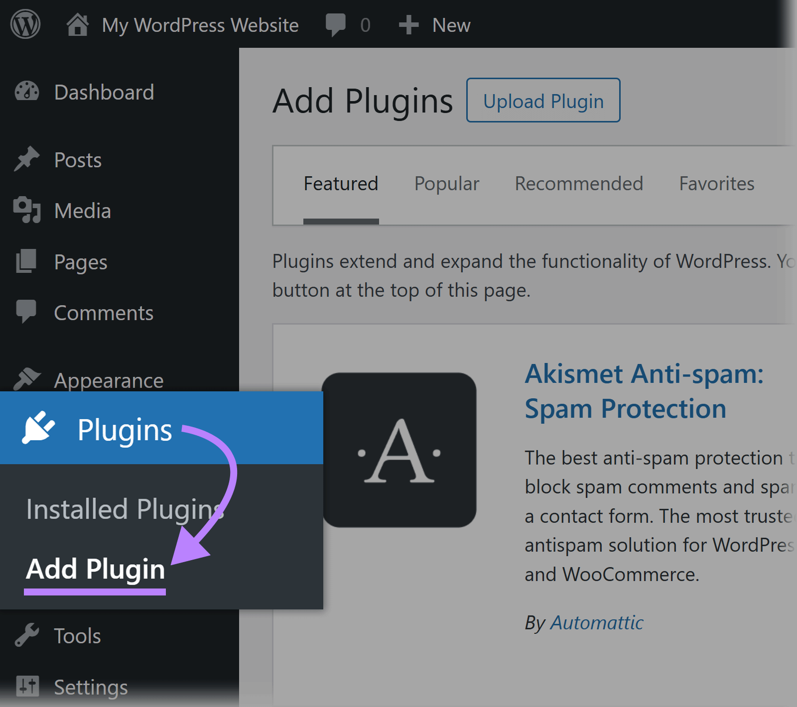 WordPress admin menu with an arrow pointing from “Plugins” to the “Add Plugin” submenu option.