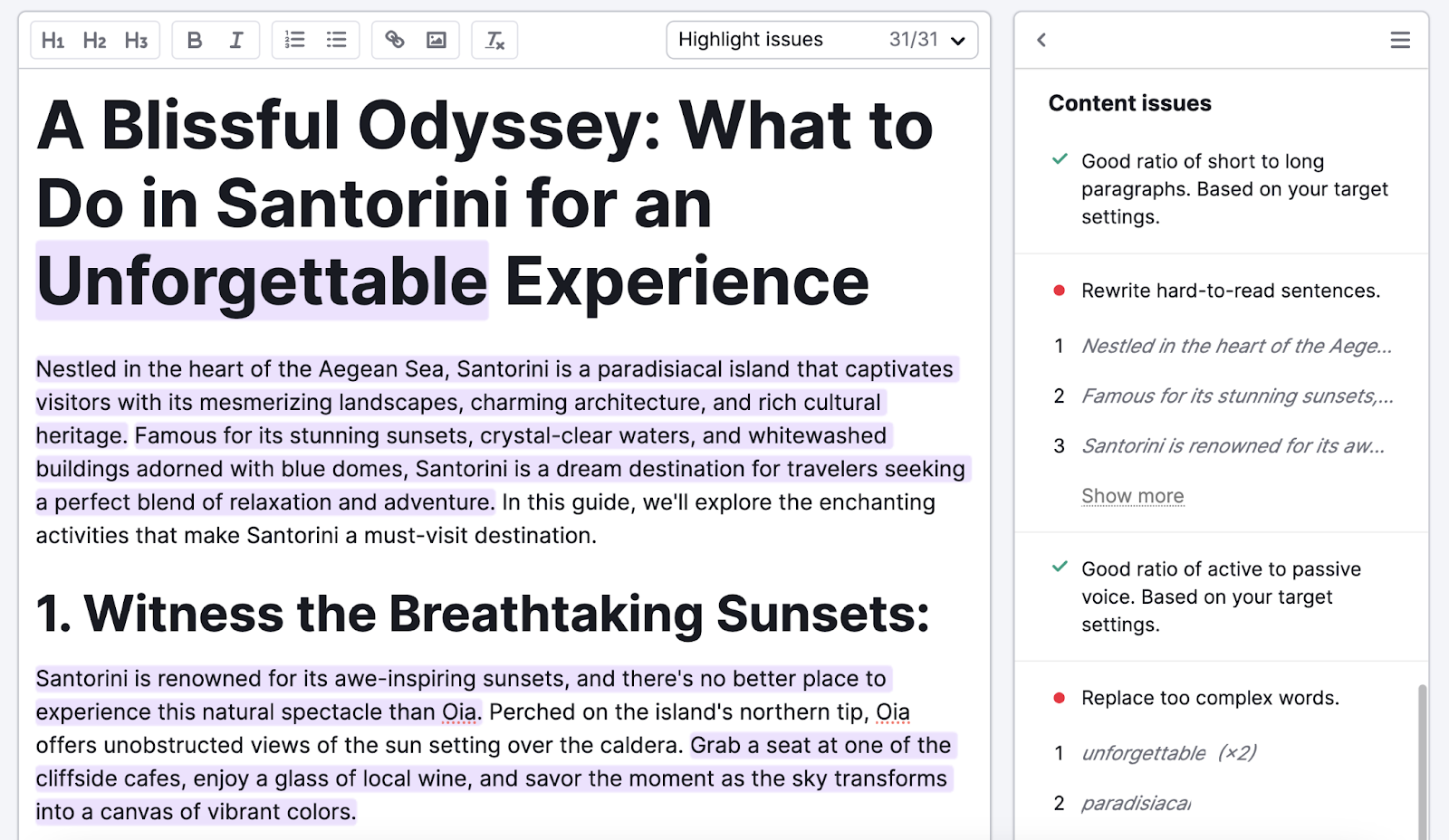 text is highlighted with related content issues such as hard-to-read-sentences and complex words