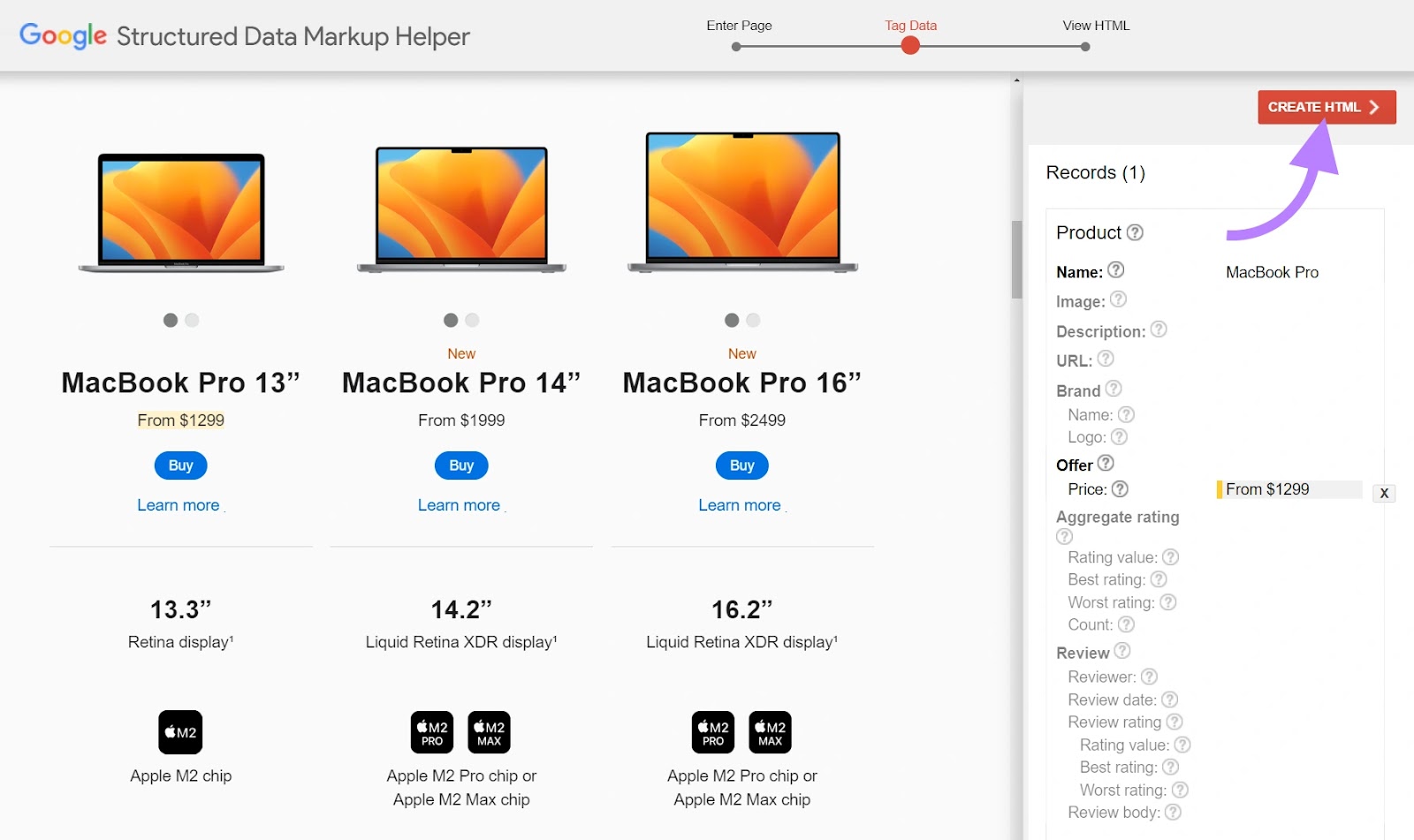 Google Structured Data Markup Helper tool with an arrow pointing to the “Create HTML” button.