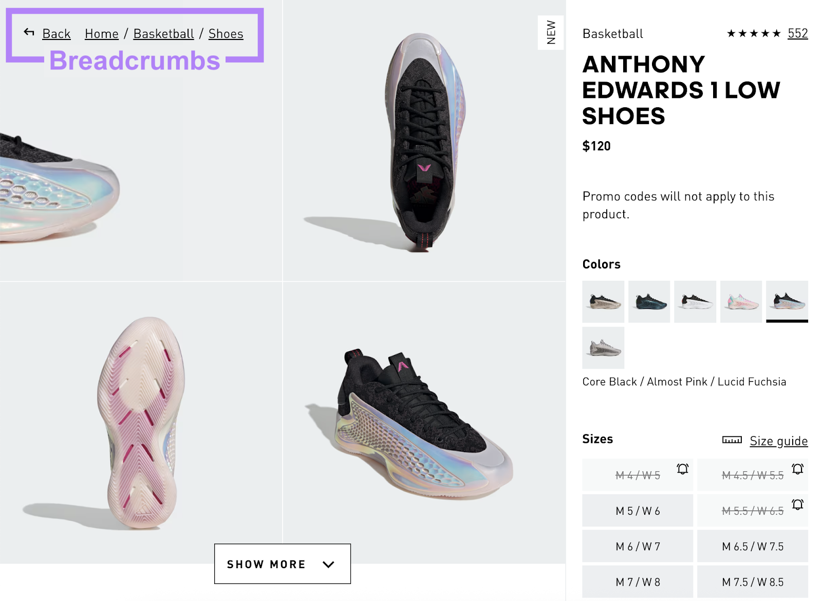 Product page has breadcrumbs in the upper left corner. For example, back, home, basketball, shoes.