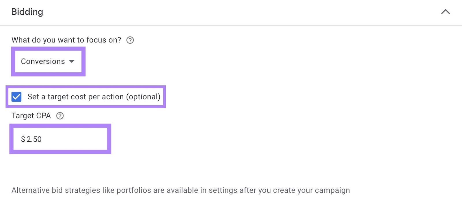 Bidding settings on Google Ads with "Conversions" selected and a target cost per action amount entered.