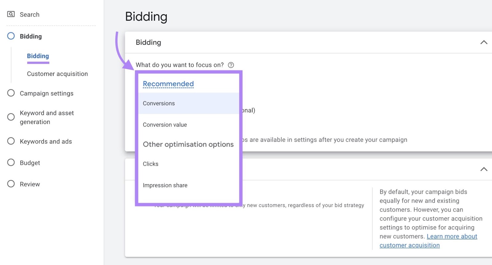 Bidding settings on Google Ads with options to focus on conversions, conversion value, clicks, or impression share.