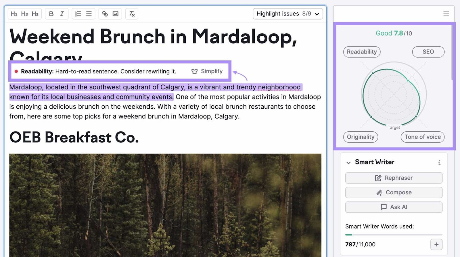 SEO Writing Assistant's content score (right) for the entered text on "Weekend Brunch in Mardaloop, Calgary""