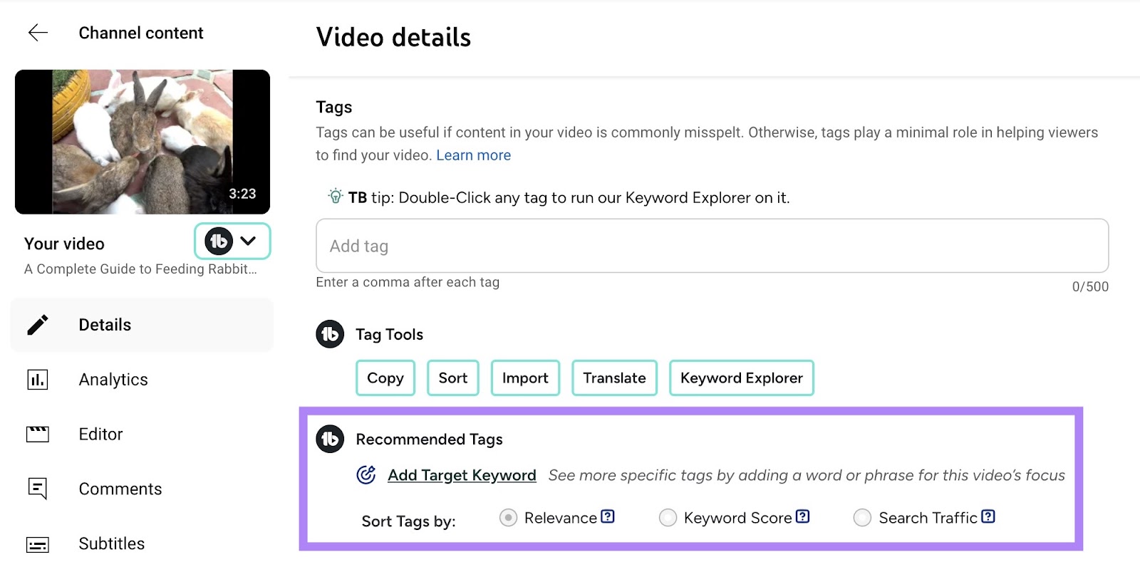 "Recommended Tags" by TubeBuddy highlighted on the "Details" tab for a video on YouTube.