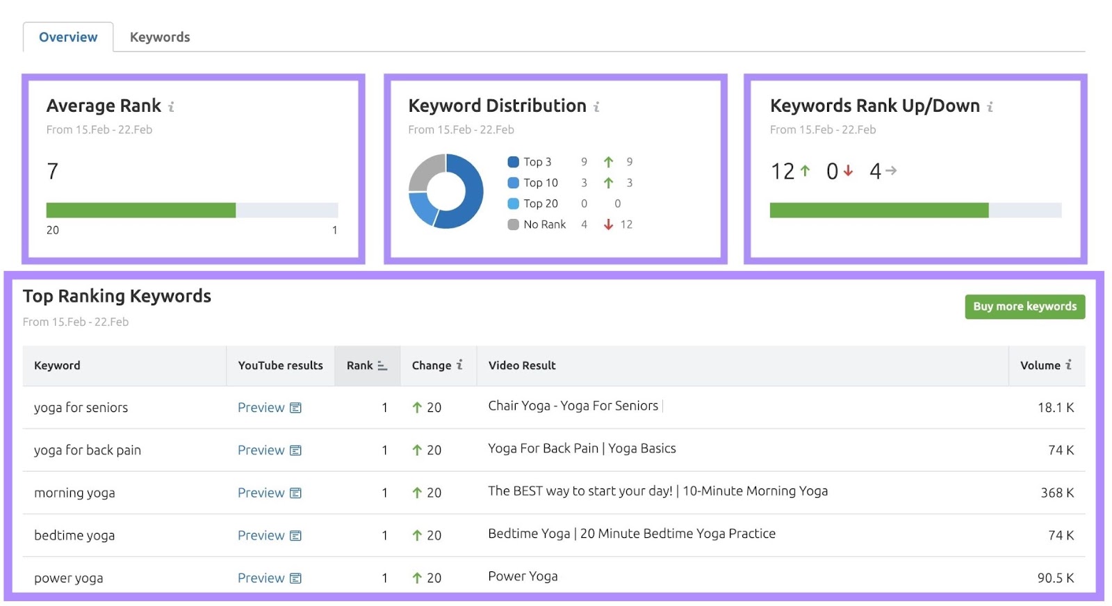 An "Overview" dashboard in Rank Tracker for YouTube