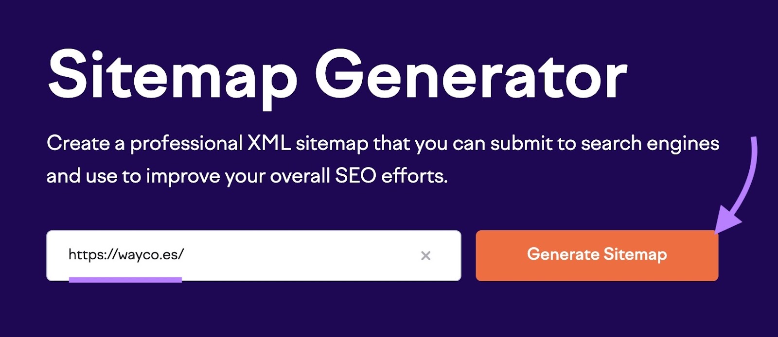 Semrush’s Free Sitemap Generator tool start with a domain entered and "Generate Sitemap" clicked.