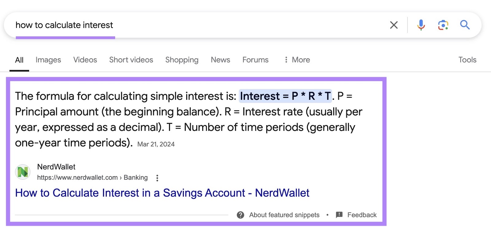 Google SERP with the featured snippet highlighted for the term "how to calculate interest."