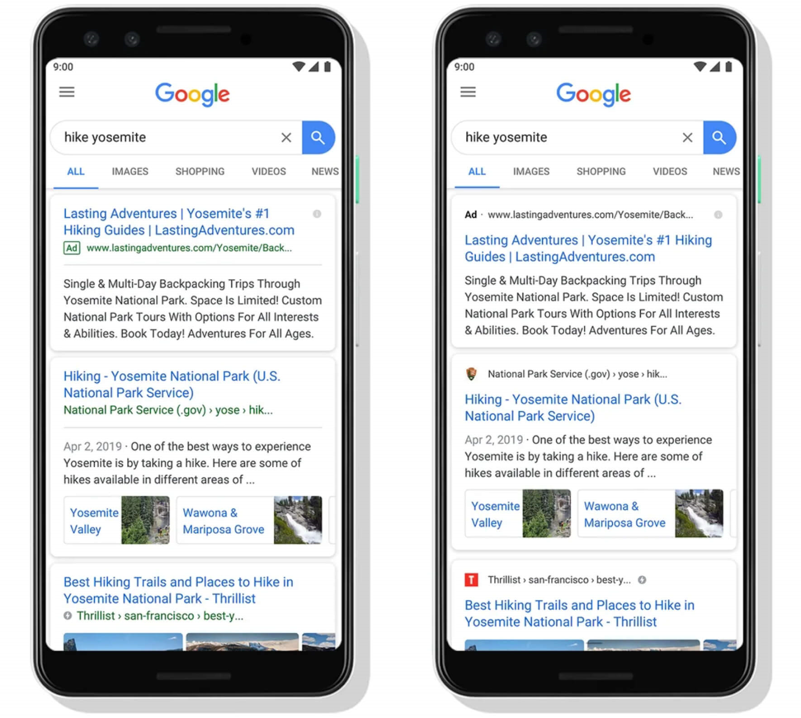 A visual showing Google SERP without website names and favicons (left) and with website names and favicons (right)