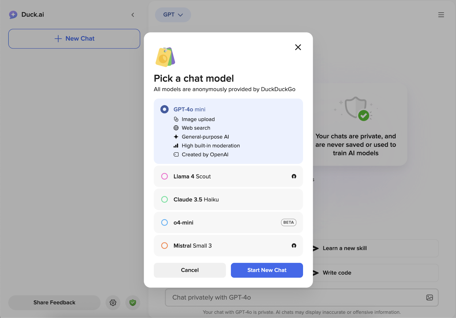 Pick a chat model pop up shows GPT, Llama, Claude, and Mistral.