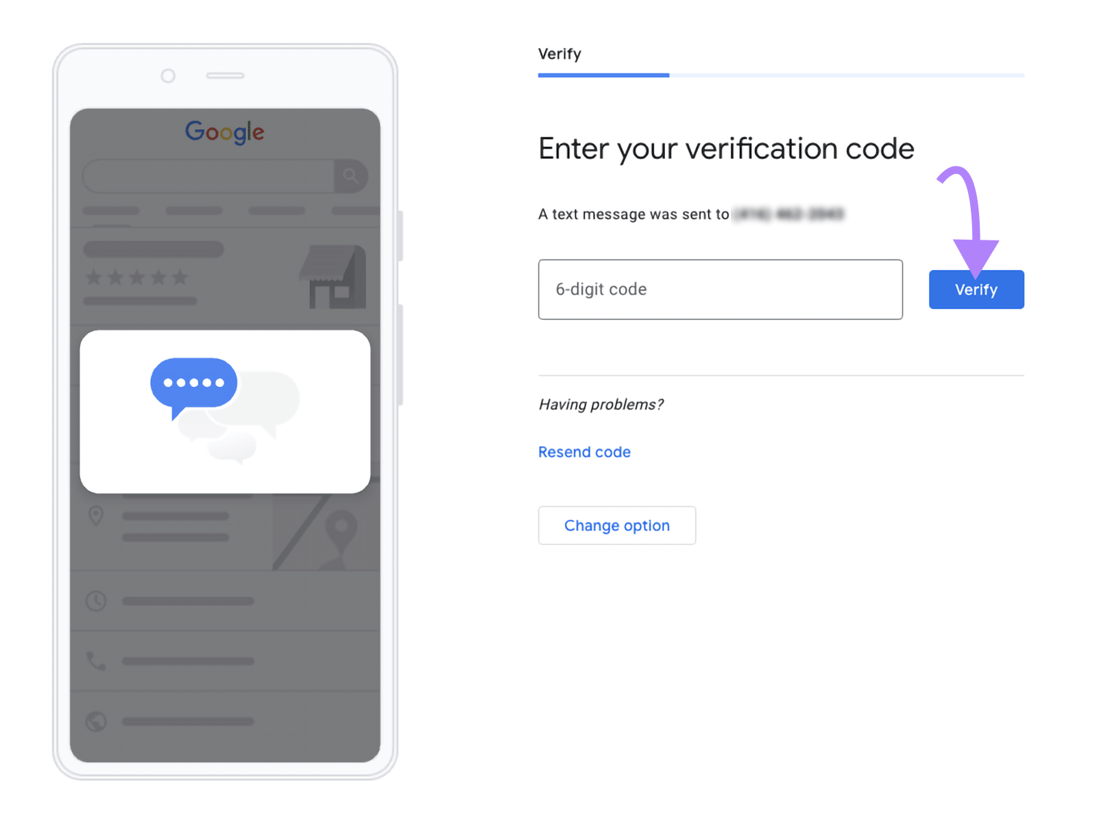 Verification screen with SMS code entry field and arrow pointing to “Verify.”