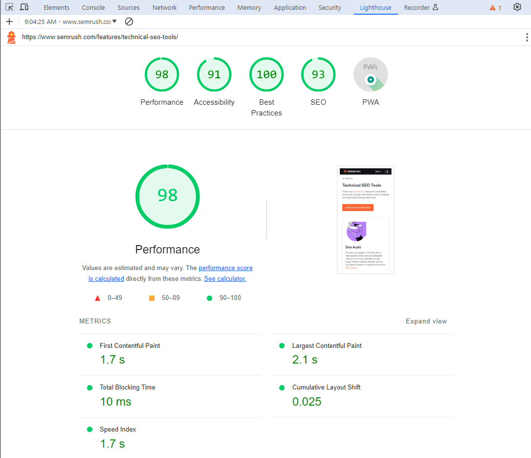 Lighthouse performance screen showing a 98 performance score and passing of Core Web Vitals.