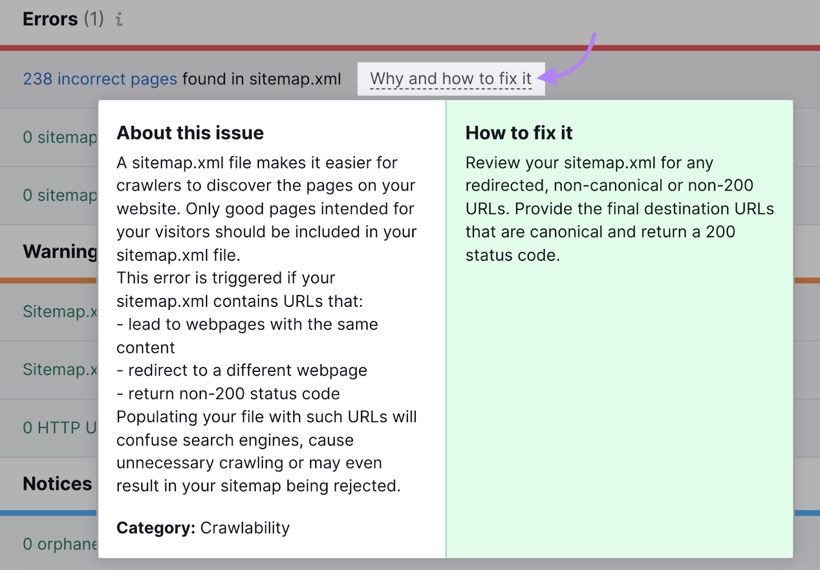 "Why and how to fix it" next to "238 incorrect pages found in sitemap.xml" clicked showing tips to fix the issue
