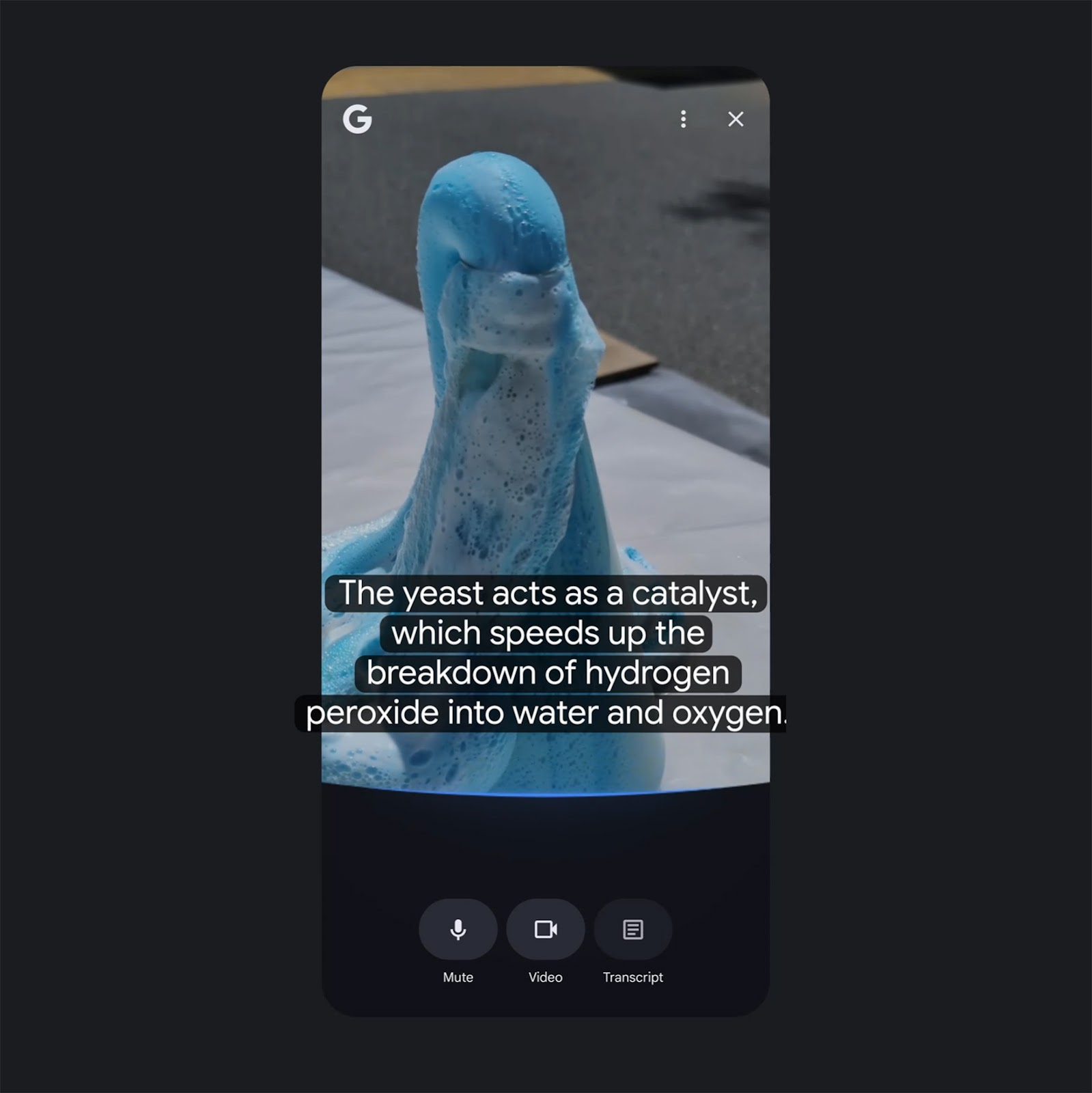 Google video showing chemical reaction and live captions demonstrating Search Live in action.