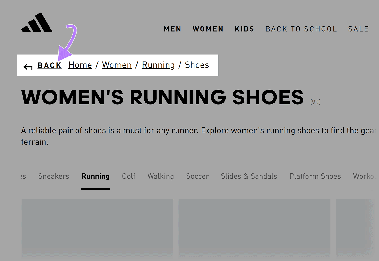 Adidas page with an arrow pointing to the “Back” link above a breadcrumb trail showing Home > Women > Running > Shoes.