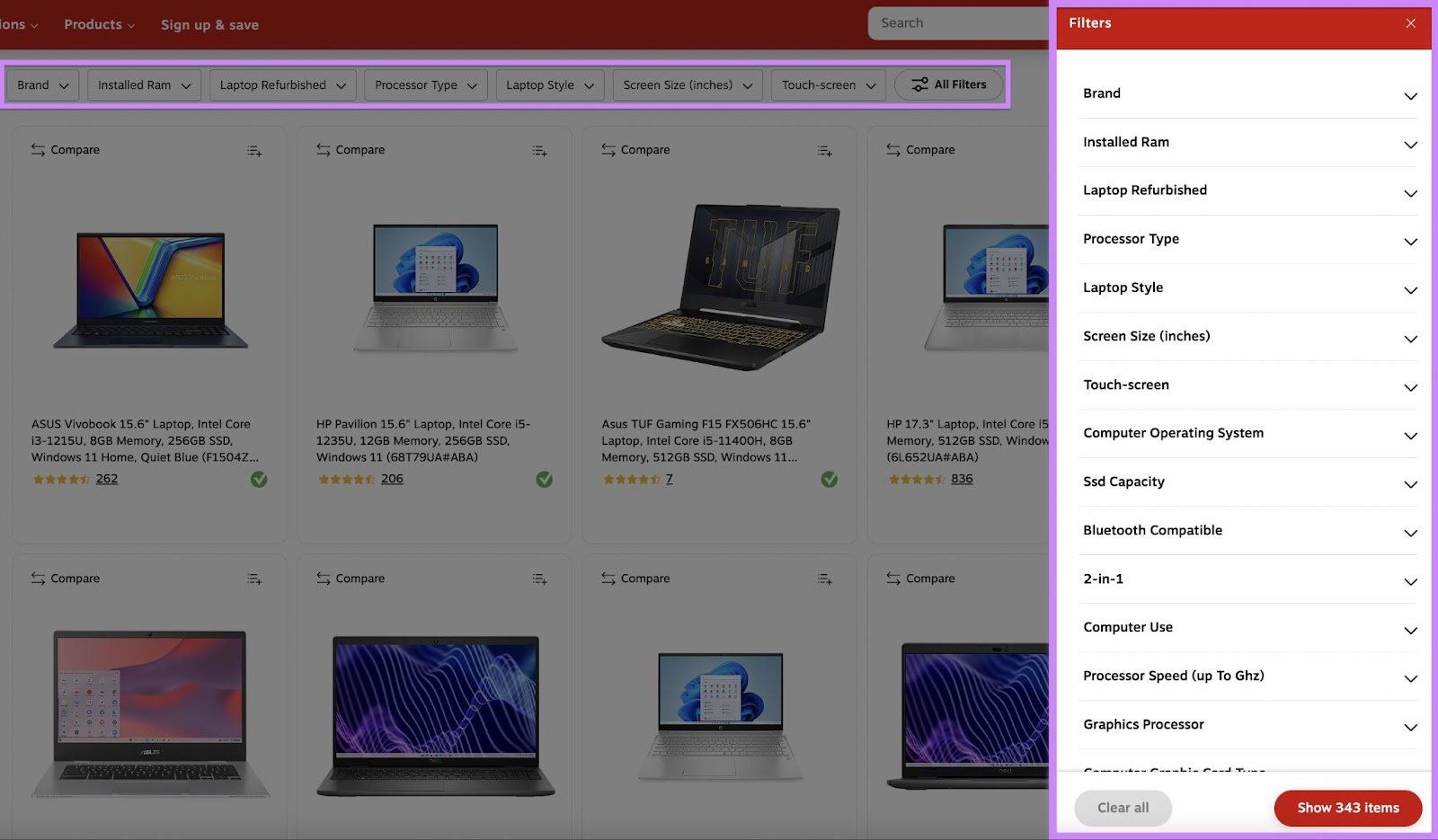 Categories and filters on Staples's website