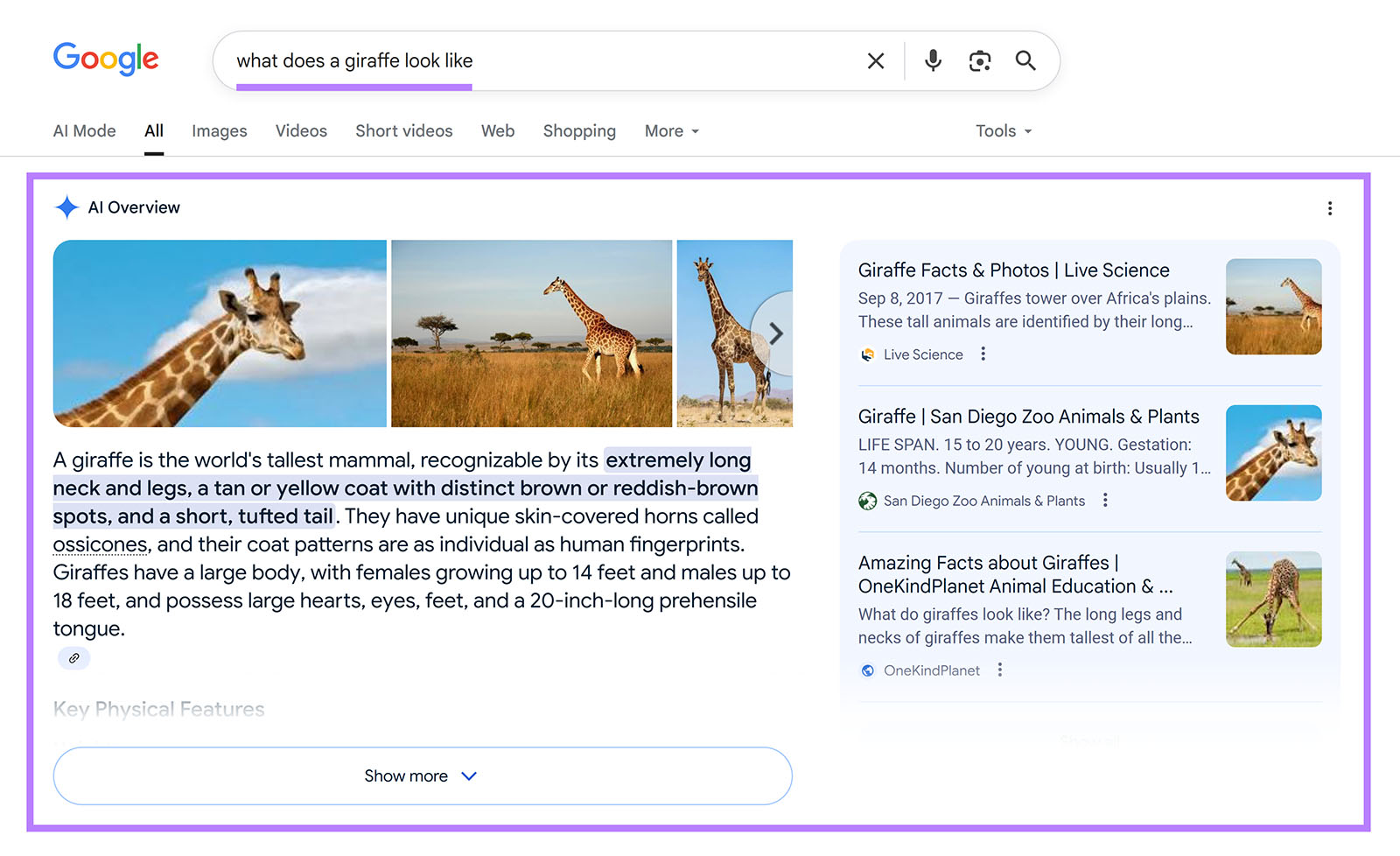 Google search result showing AI Overview snippet about giraffes with highlighted text.