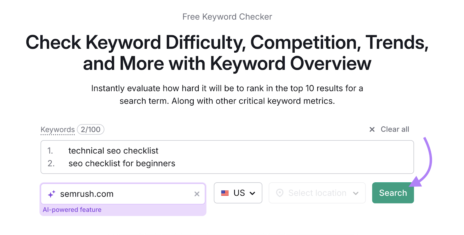 Multiple keywords are entered with a domain.