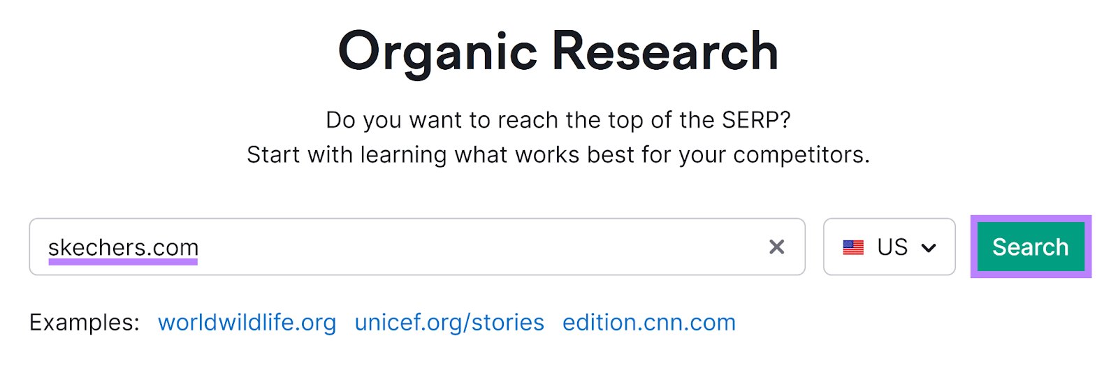 Semrush Organic Rankings tool start with domain entered and Search button highlighted