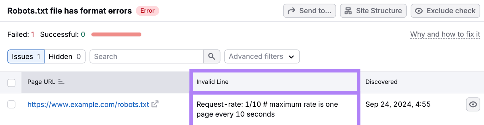 The invalid line in this example shows a request rate is at odds with maximum rate of one page every 10 seconds.
