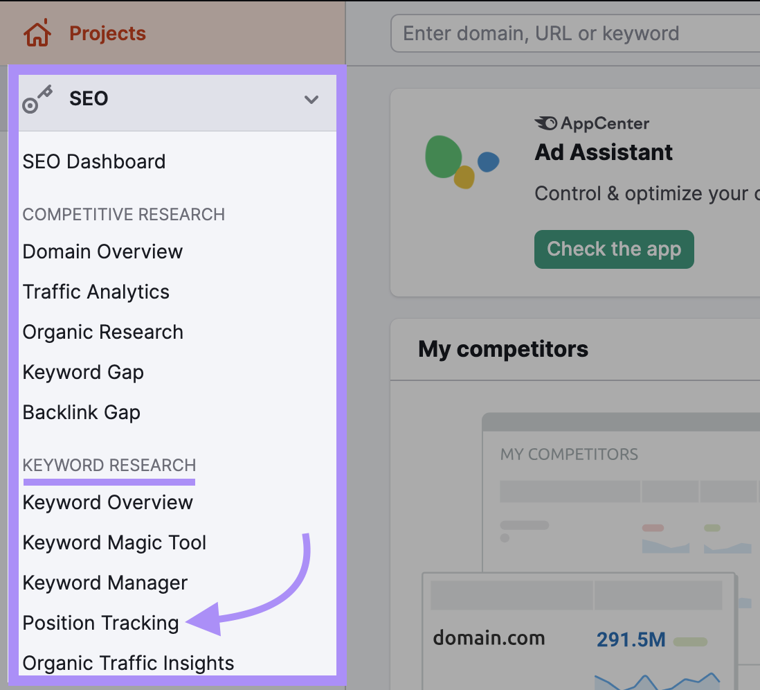 Navigating to "Position Tracking" in Semrush's sidebar