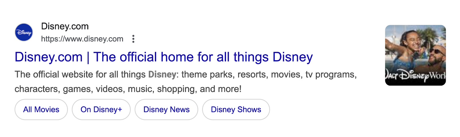 Disney's homepage is listed on the search engine results page.
