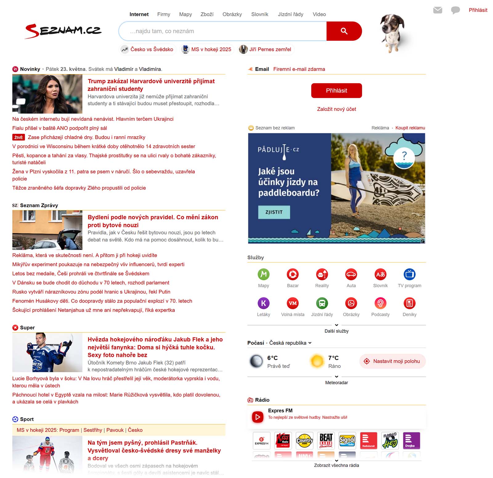 Seznam homepage with red and white layout featuring Czech news headlines, weather info, and app icons for local services.