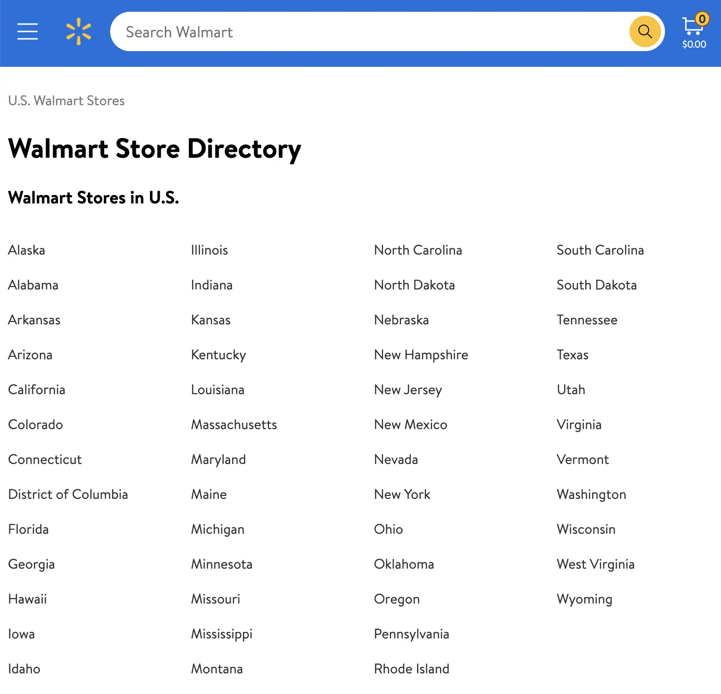 Walmart’s store directory serving as an HTML sitemap by organizing store locations into a single, browsable page.