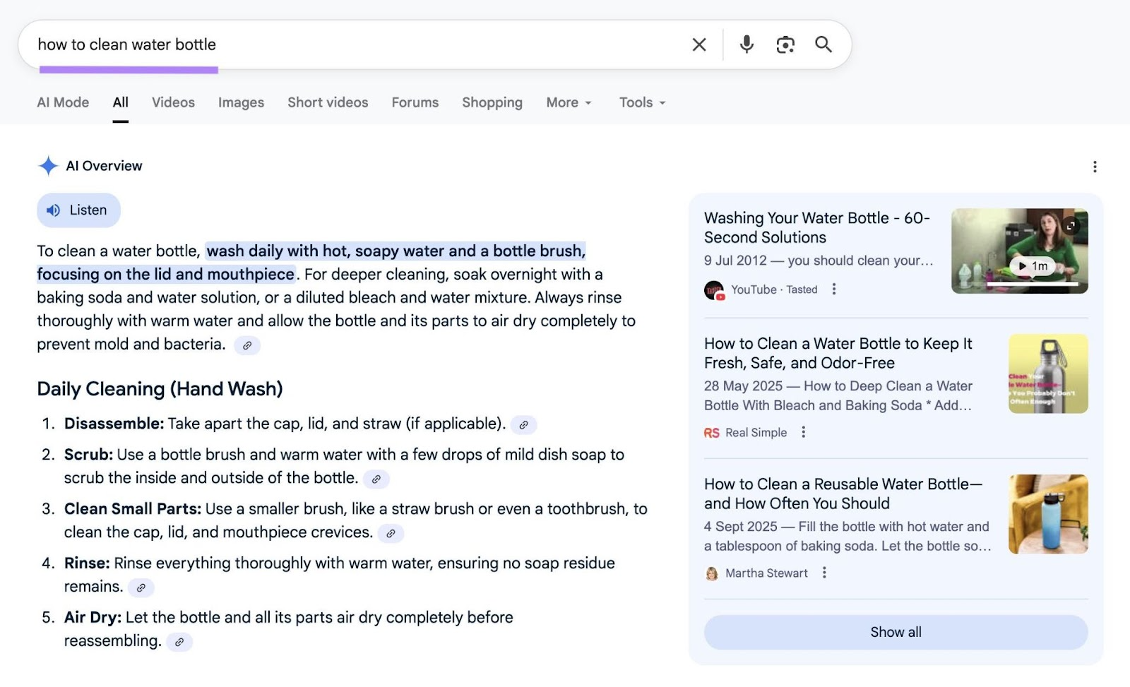 Google SERP for the term "how to clean water bottle" with the AI Overview answering the question without requiring a click.