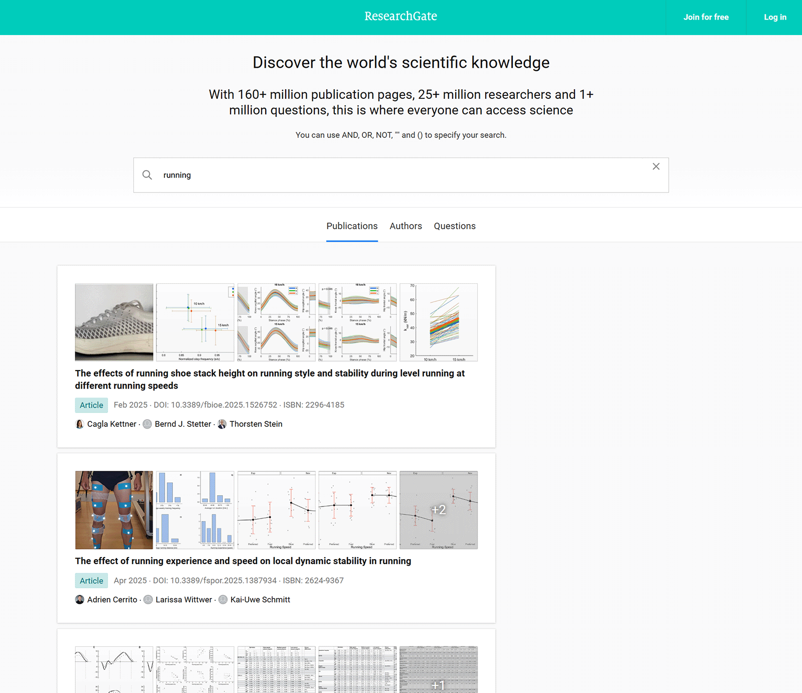 ResearchGate displays academic articles on running biomechanics and shoe impact, with graphs and study thumbnails.