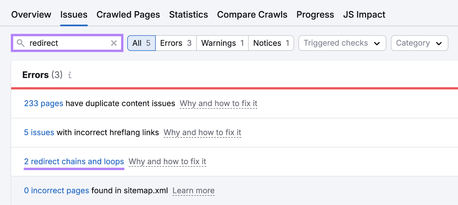 Site Audit shows number of pages with redirect chains and loops.