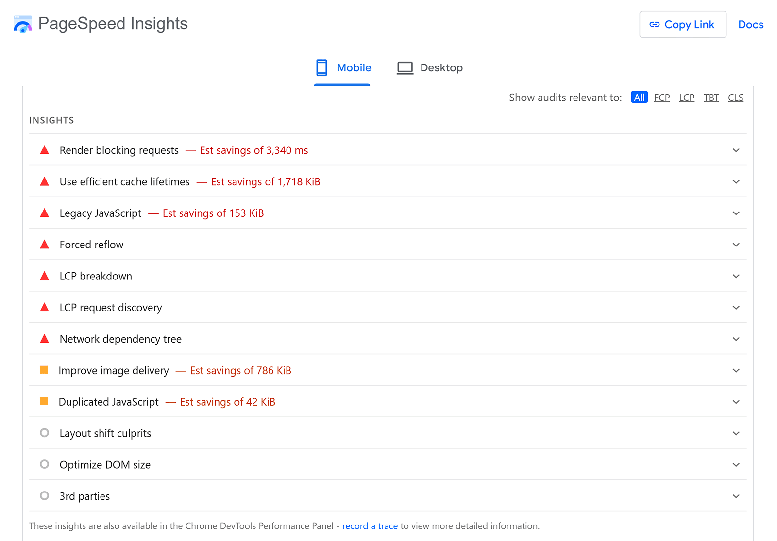 PageSpeed Insights showing mobile audit issues like render-blocking requests and cache lifetime savings.