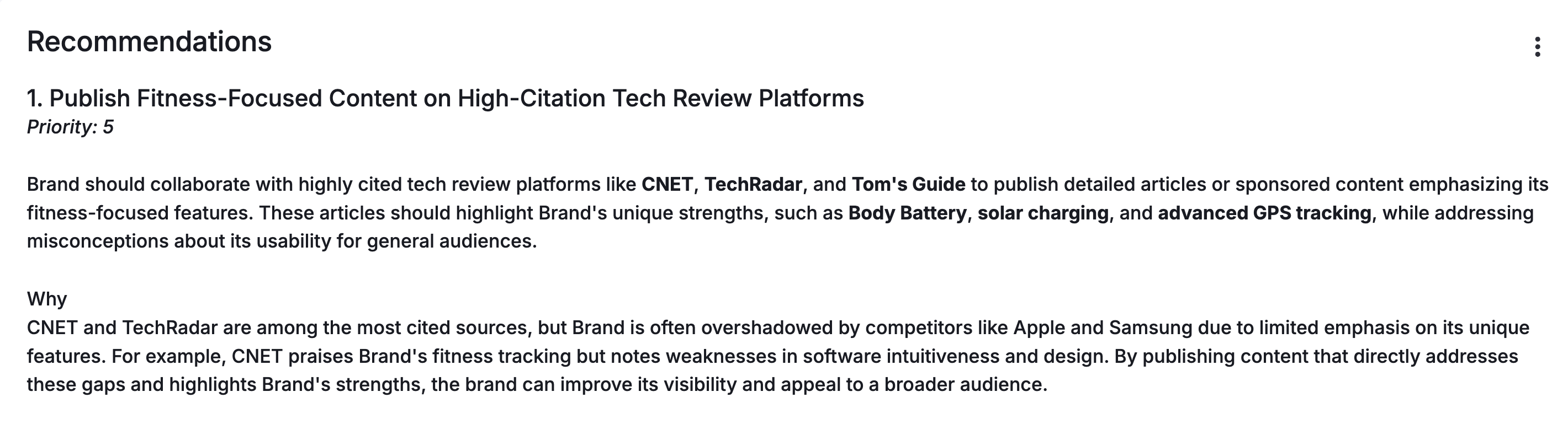 Semrush Enterprise AIO gives recommendations for increasing your brand's visibility across AI platforms such as publishing kinds of content on certain sites.