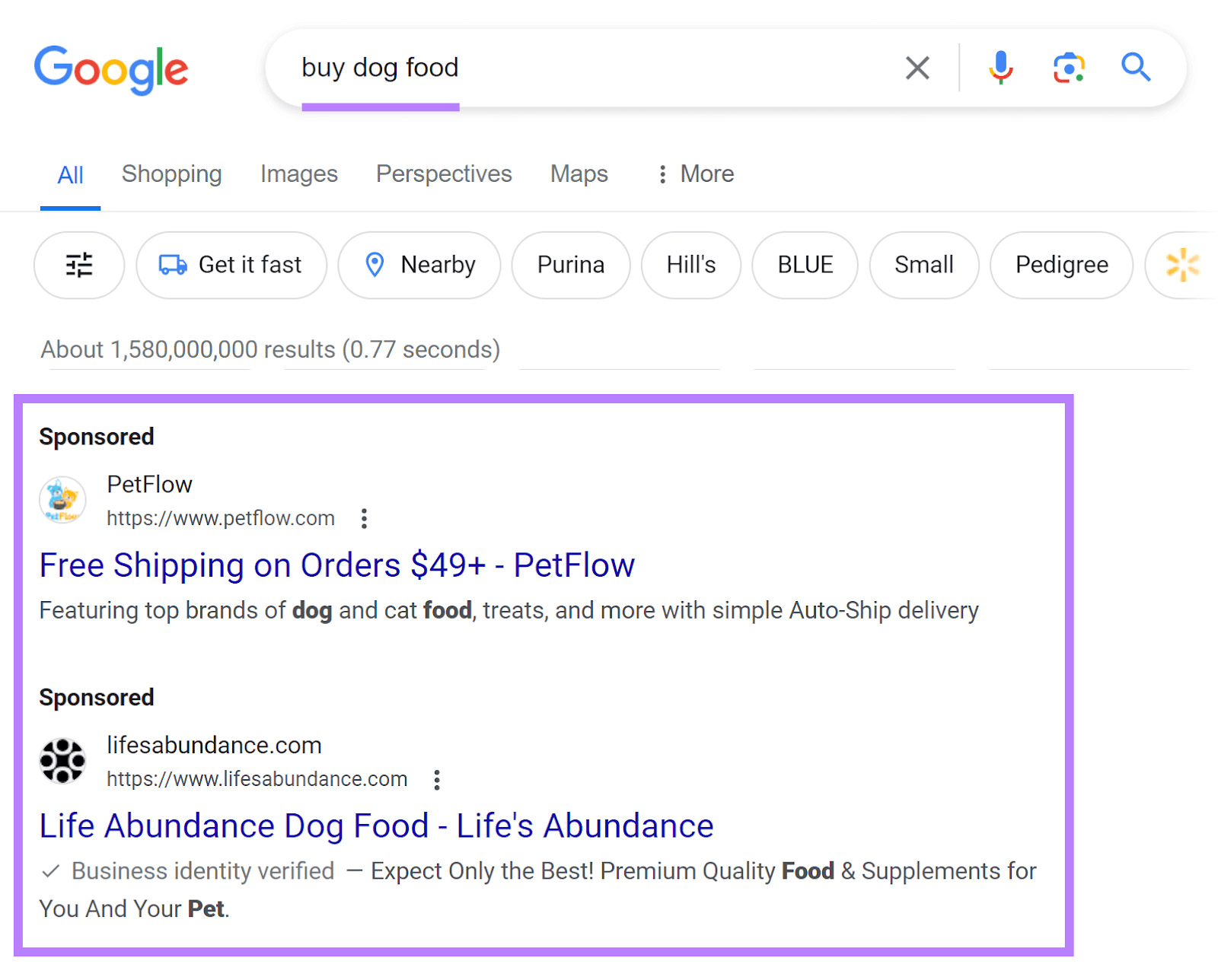 Search ads appearing on Google for "buy dog food" query