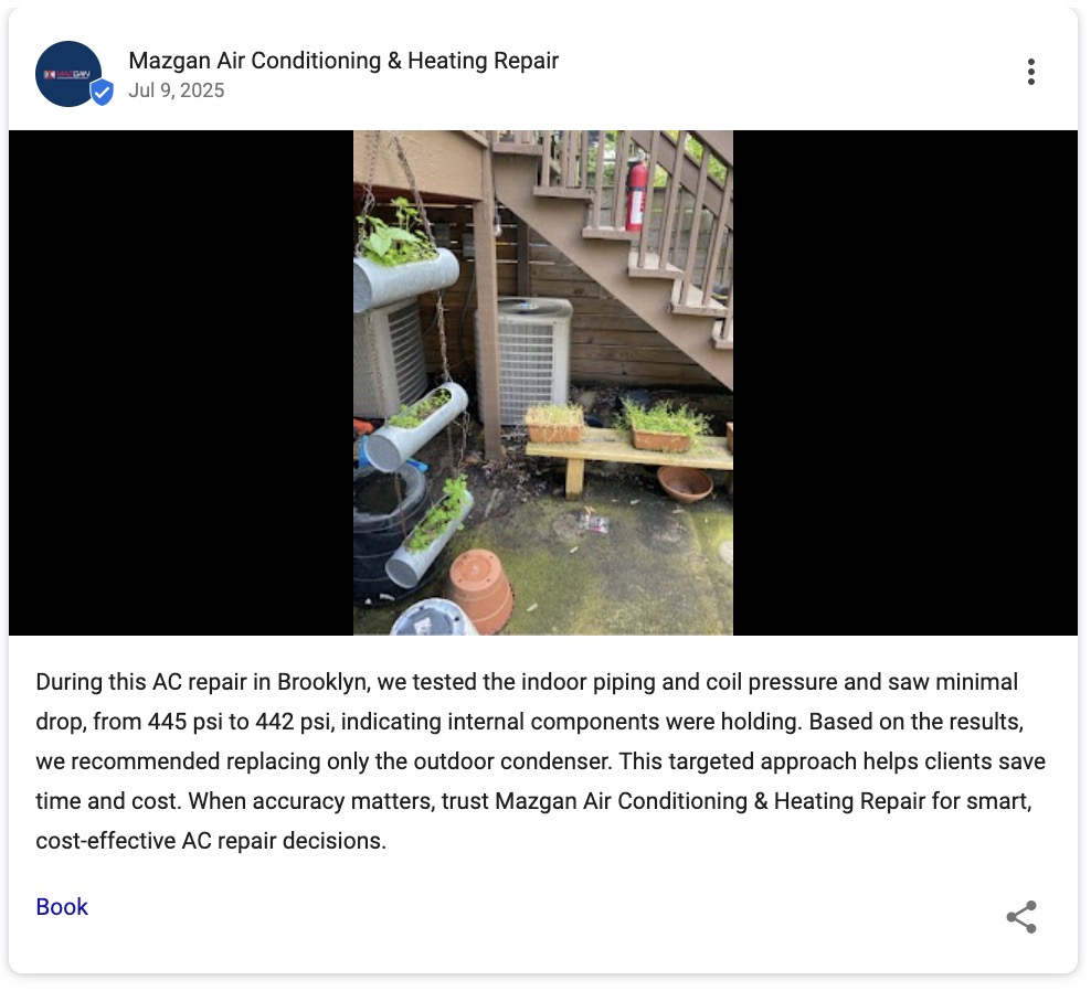 Google Business Profile post by an HVAC business detailing an issue with the outdoor condenser of an AC, the fix, and the outcome for the customer.
