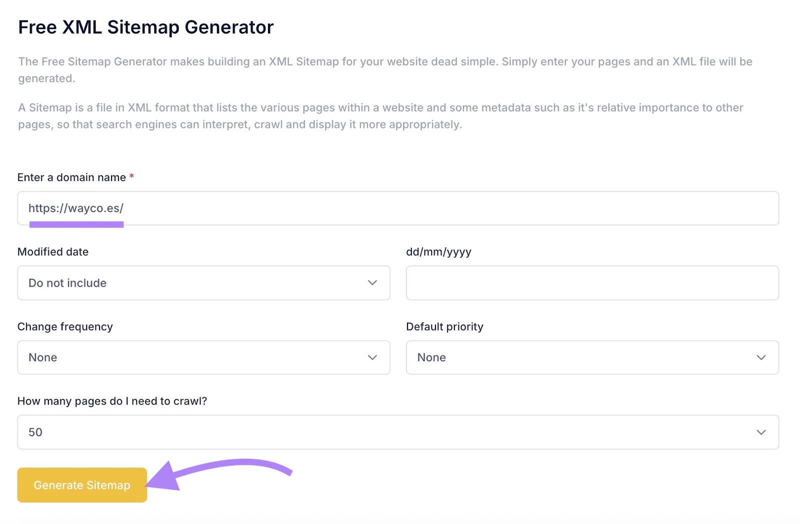 Free XML Sitemap Generator on SEOptimer with a domain entered and "Generate Settings" clicked.