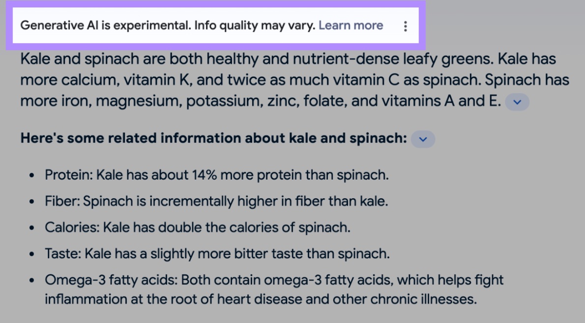 “Generative AI is experimental. Info quality may vary.” disclaimer