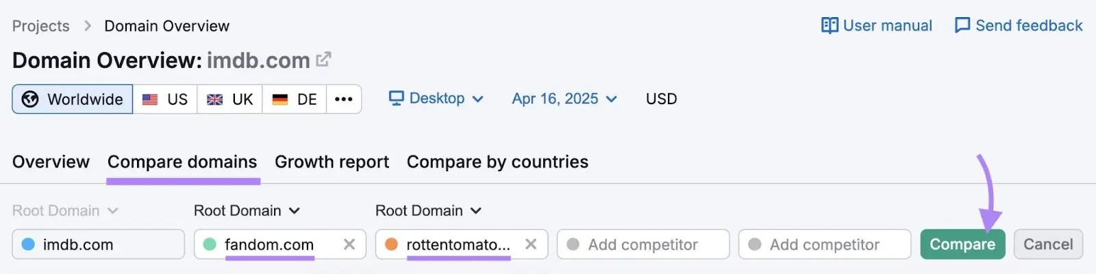 Compare domains tab with competitor domains entered.