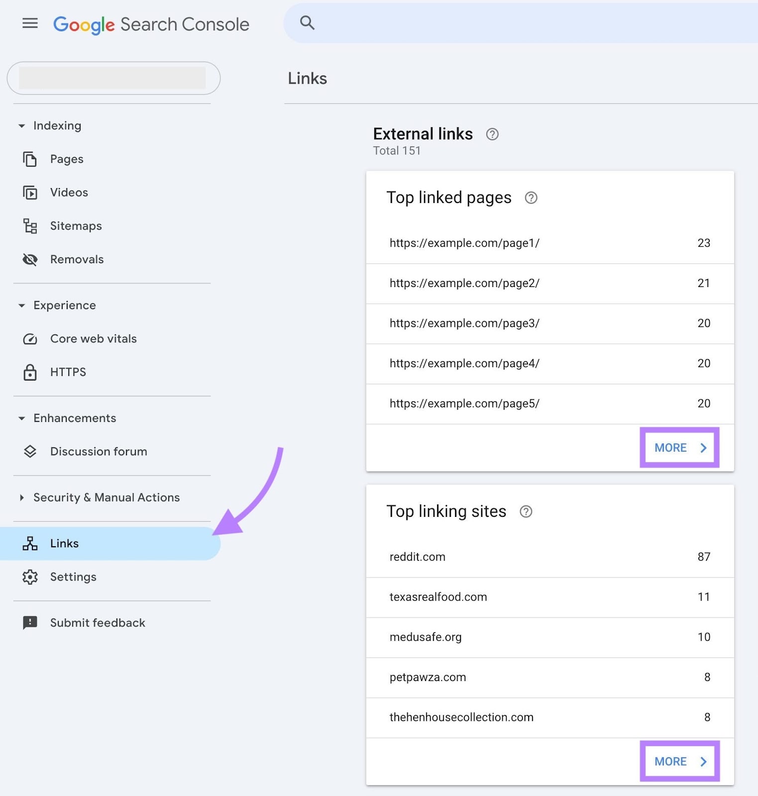 Links report on Google Search Console with "More" at the bottom of the "Top linked pages" and "Top linking sites" widgets highlighted.